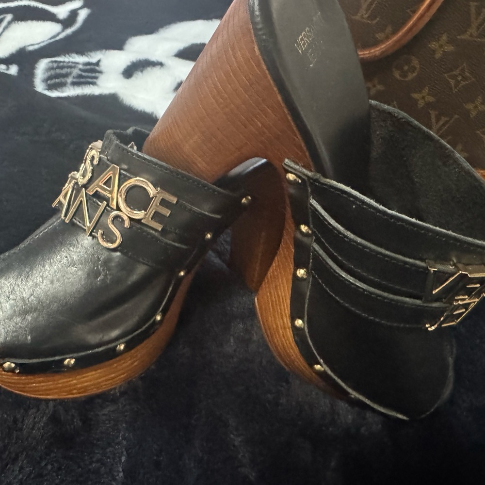 Versace Jeans Collection Black Mules with Gold Logo  Accents
